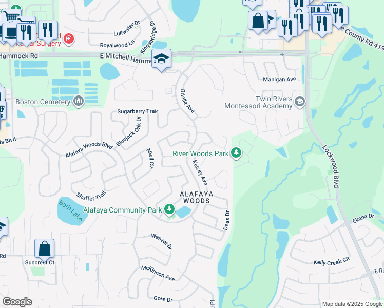 map of restaurants, bars, coffee shops, grocery stores, and more near 1023 Kelsey Avenue in Oviedo