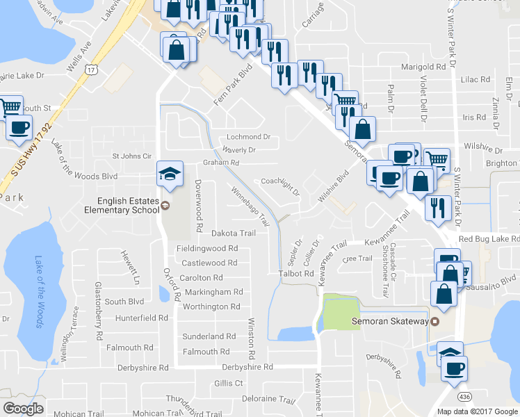 map of restaurants, bars, coffee shops, grocery stores, and more near 2106 Winnebago Trail in Fern Park