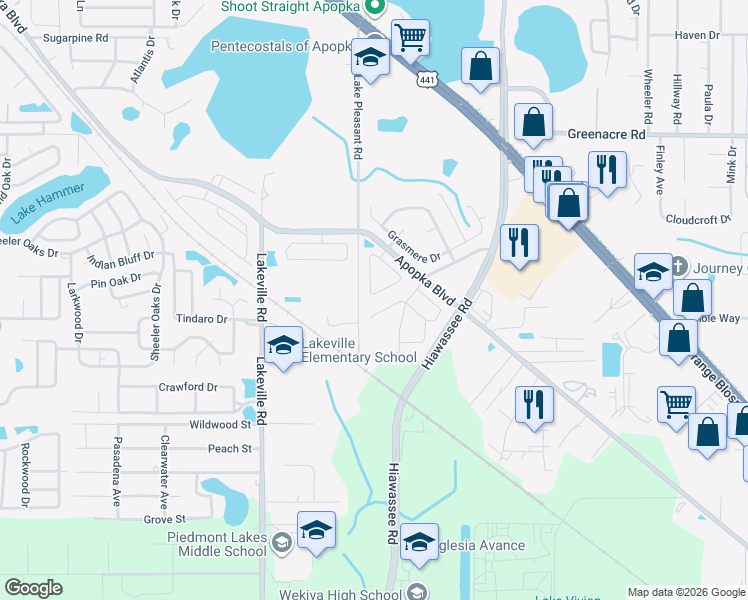 map of restaurants, bars, coffee shops, grocery stores, and more near 1872 Olivia Circle in Apopka