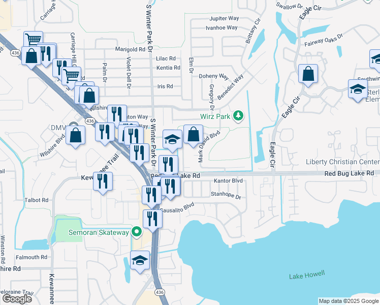 map of restaurants, bars, coffee shops, grocery stores, and more near 18 Cobblestone Court in Casselberry