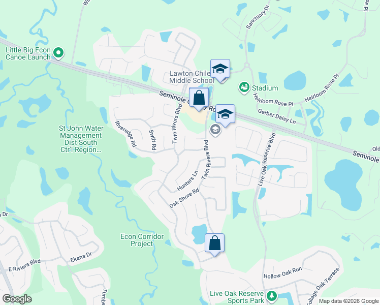 map of restaurants, bars, coffee shops, grocery stores, and more near 285 Mill Slough Road in Oviedo