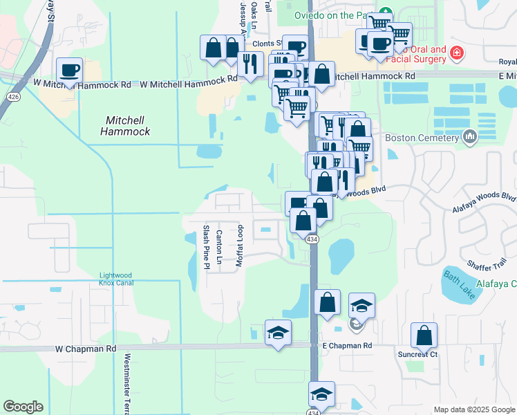 map of restaurants, bars, coffee shops, grocery stores, and more near 190 Mitchell Creek Way in Oviedo