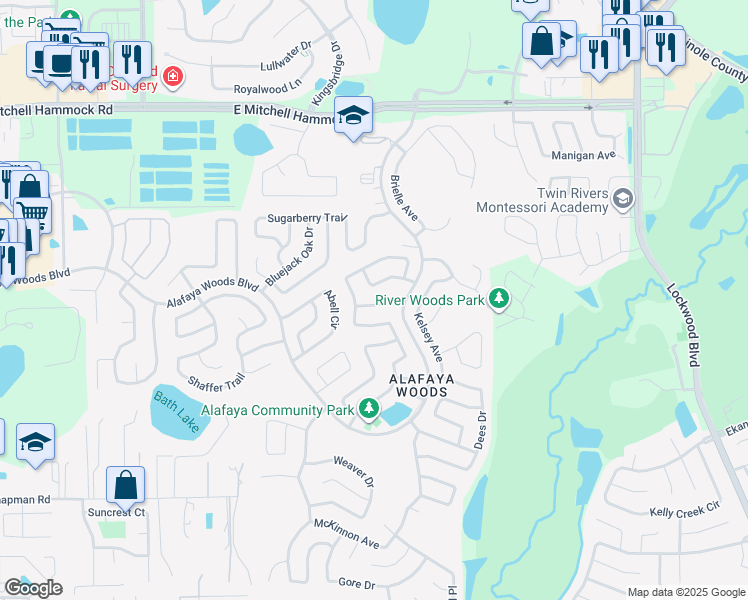 map of restaurants, bars, coffee shops, grocery stores, and more near 1016 Pearson Drive in Oviedo
