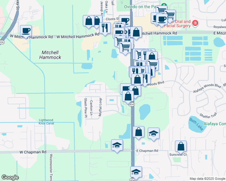 map of restaurants, bars, coffee shops, grocery stores, and more near 190 Mitchell Creek Way in Oviedo