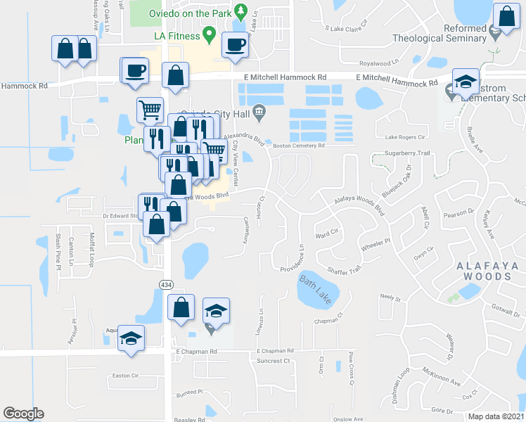 map of restaurants, bars, coffee shops, grocery stores, and more near 1011 Horton Court in Oviedo