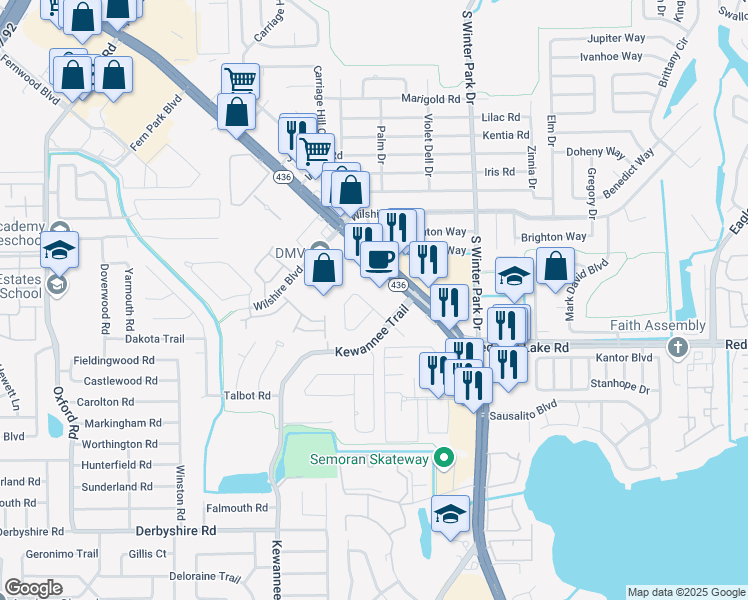 map of restaurants, bars, coffee shops, grocery stores, and more near 2216 Winslow Circle in Casselberry