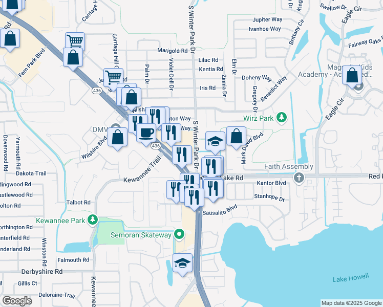 map of restaurants, bars, coffee shops, grocery stores, and more near 959-961 South Winter Park Drive in Casselberry