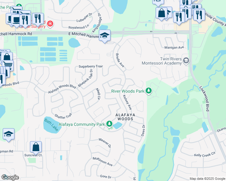 map of restaurants, bars, coffee shops, grocery stores, and more near 1016 Pearson Drive in Oviedo