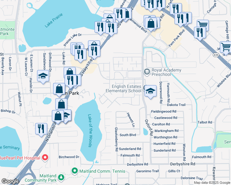 map of restaurants, bars, coffee shops, grocery stores, and more near 217 Nettlewood Lane in Fern Park
