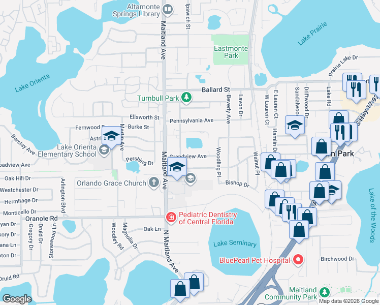 map of restaurants, bars, coffee shops, grocery stores, and more near 817 Grandview Avenue in Altamonte Springs