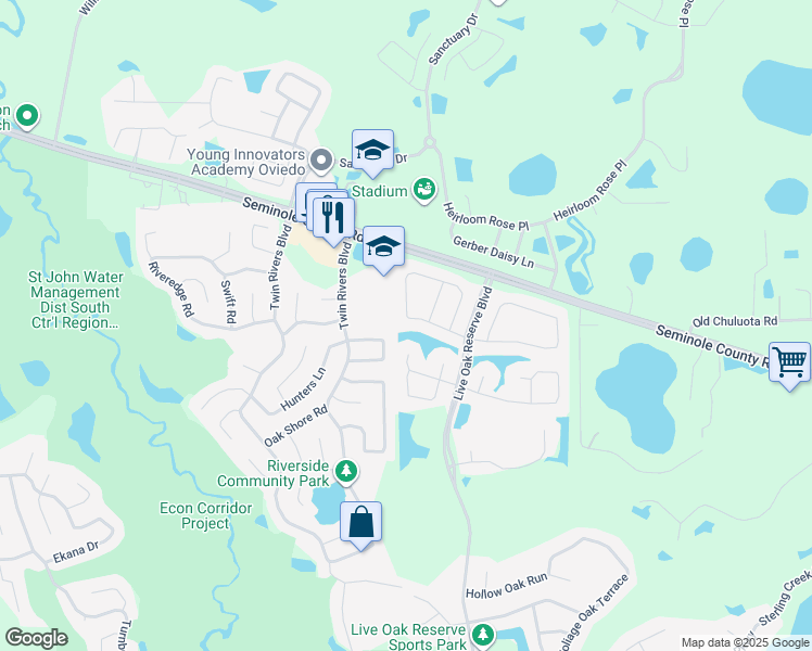 map of restaurants, bars, coffee shops, grocery stores, and more near 3360 Red Ash Circle in Oviedo