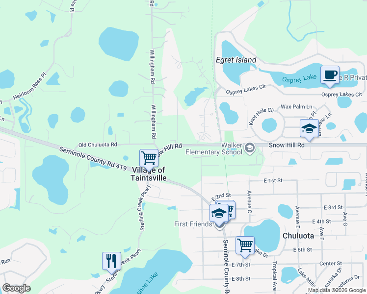 map of restaurants, bars, coffee shops, grocery stores, and more near 3345 Snow Hill Road in Chuluota
