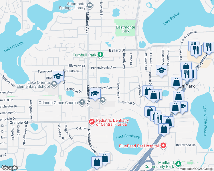 map of restaurants, bars, coffee shops, grocery stores, and more near 817 Grandview Avenue in Altamonte Springs