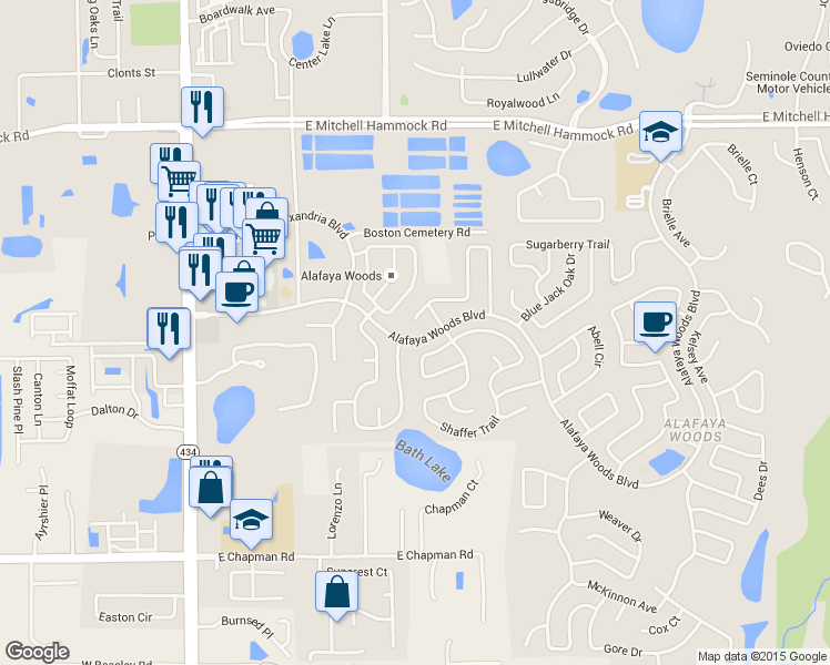 map of restaurants, bars, coffee shops, grocery stores, and more near 1077 Corkwood Drive in Oviedo
