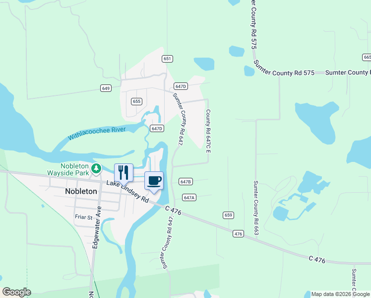map of restaurants, bars, coffee shops, grocery stores, and more near 7363 County Road 647 in Bushnell