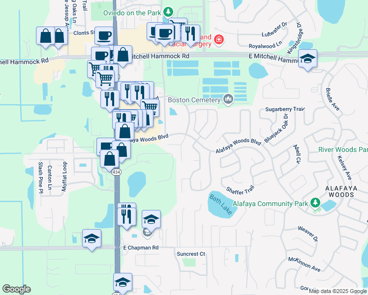map of restaurants, bars, coffee shops, grocery stores, and more near 1011 Horton Court in Oviedo