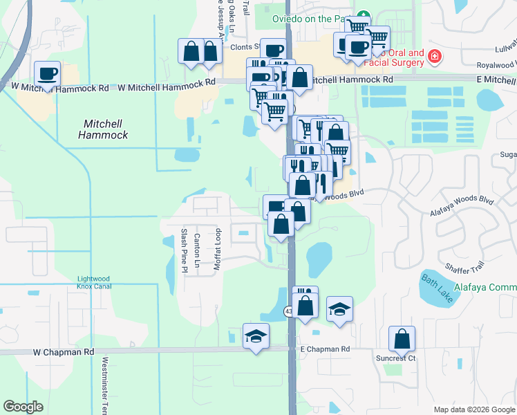 map of restaurants, bars, coffee shops, grocery stores, and more near Round Rock Court in Oviedo