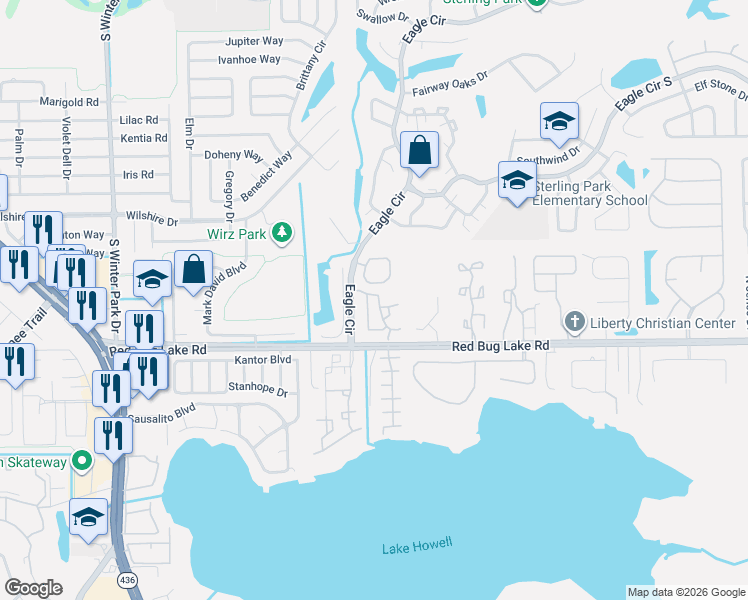 map of restaurants, bars, coffee shops, grocery stores, and more near 905 Northern Dancer Way in Casselberry