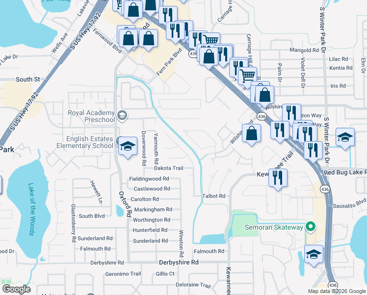 map of restaurants, bars, coffee shops, grocery stores, and more near 2106 Winnebago Trail in Fern Park