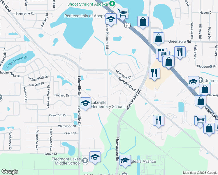 map of restaurants, bars, coffee shops, grocery stores, and more near 1852 Olivia Circle in Apopka