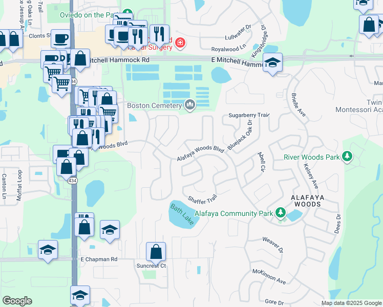 map of restaurants, bars, coffee shops, grocery stores, and more near Alafaya Woods Blvd & Shaffer Trail in Oviedo