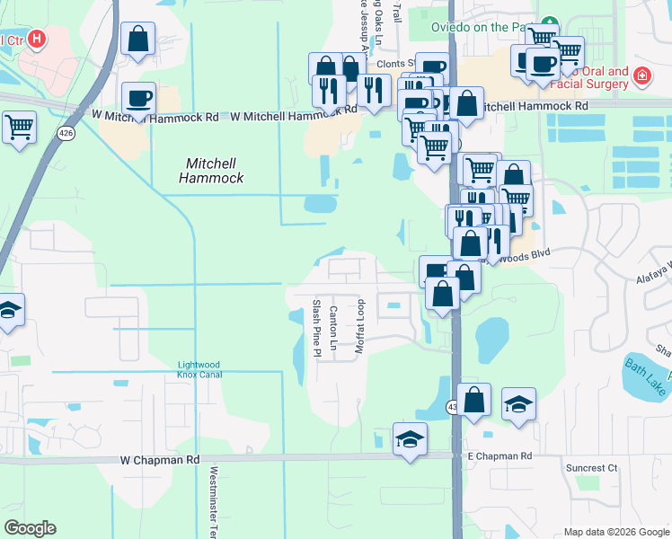 map of restaurants, bars, coffee shops, grocery stores, and more near 344 Golden Dewdrop Way in Oviedo