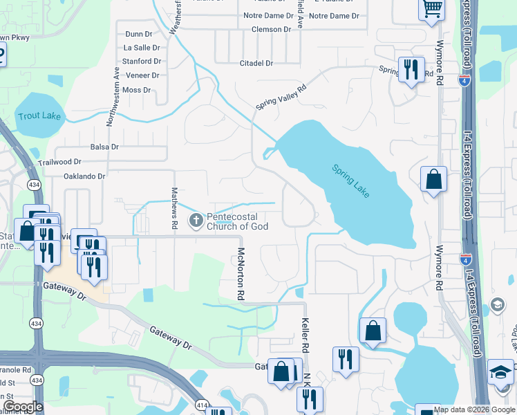 map of restaurants, bars, coffee shops, grocery stores, and more near 119 Valencia Loop in Altamonte Springs