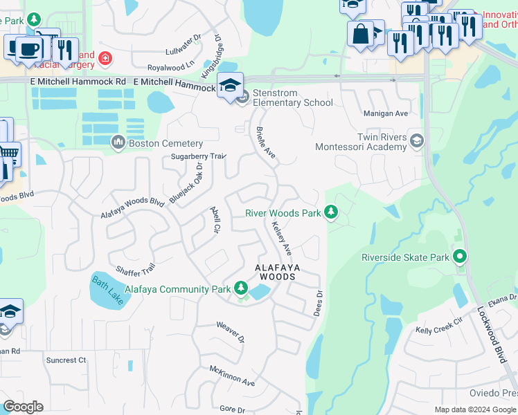 map of restaurants, bars, coffee shops, grocery stores, and more near 1004 Pearson Drive in Oviedo