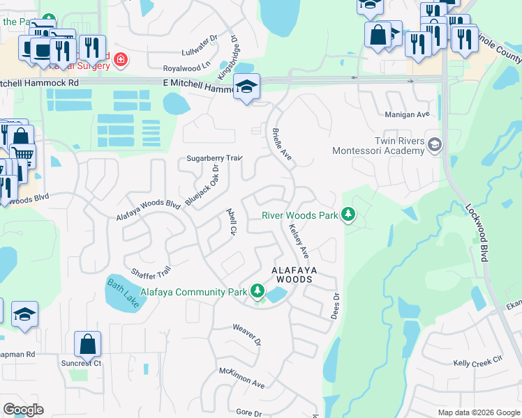 map of restaurants, bars, coffee shops, grocery stores, and more near 1016 Pearson Drive in Oviedo