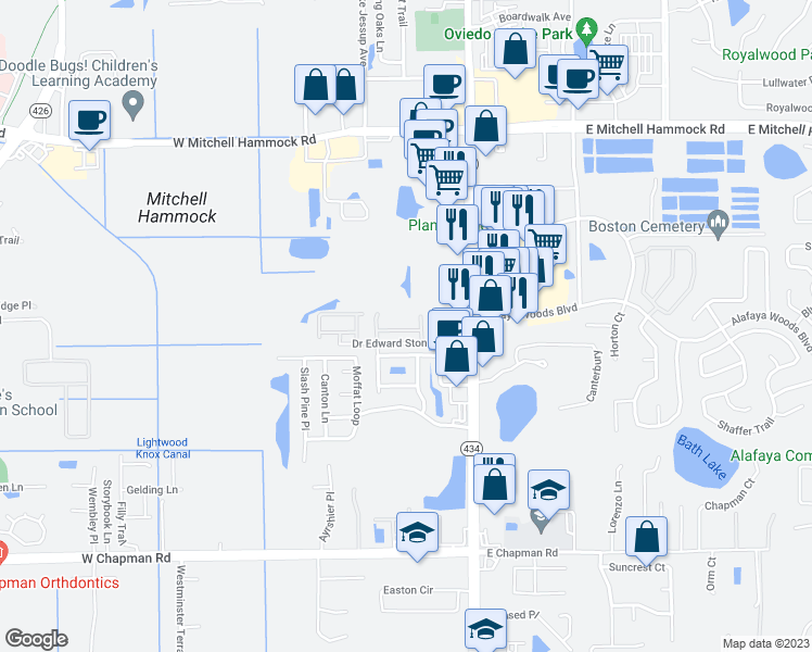 map of restaurants, bars, coffee shops, grocery stores, and more near 145 Mitchell Creek Way in Oviedo