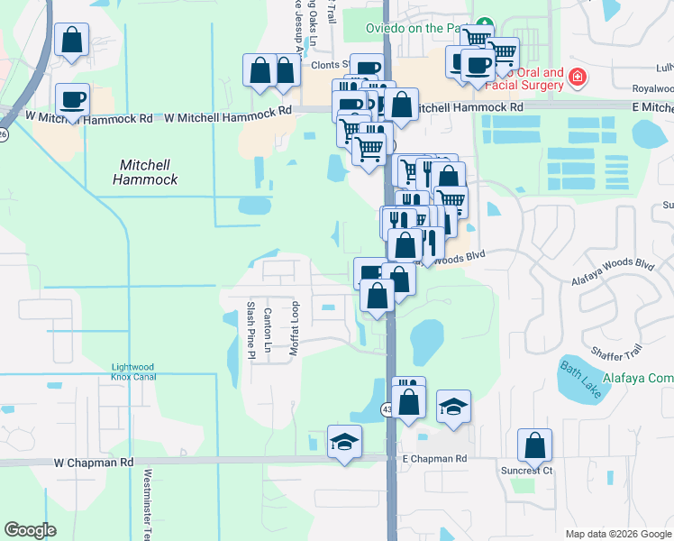 map of restaurants, bars, coffee shops, grocery stores, and more near 106 Windflower Way in Oviedo