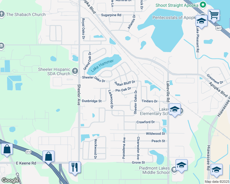 map of restaurants, bars, coffee shops, grocery stores, and more near 1212 Pin Oak Drive in Apopka