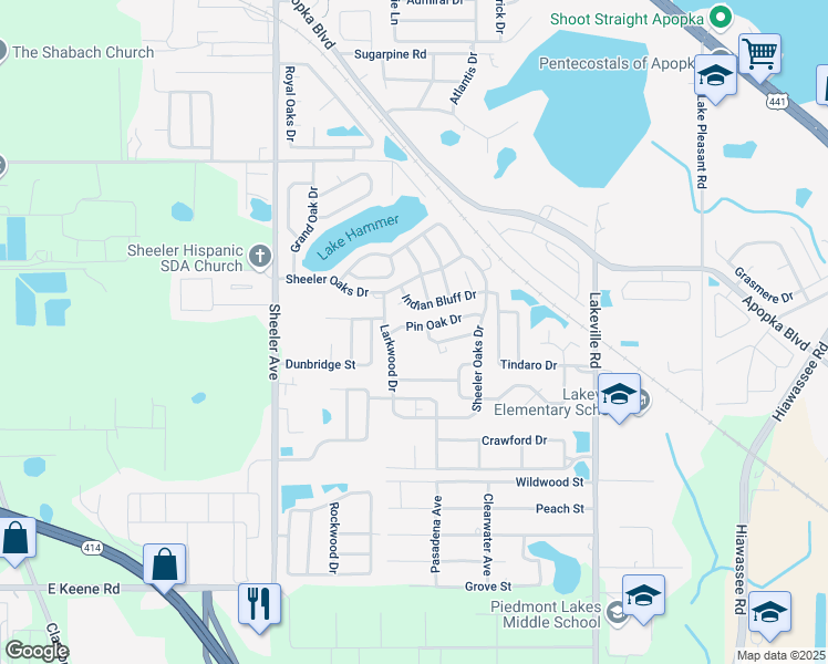map of restaurants, bars, coffee shops, grocery stores, and more near 1212 Pin Oak Drive in Apopka