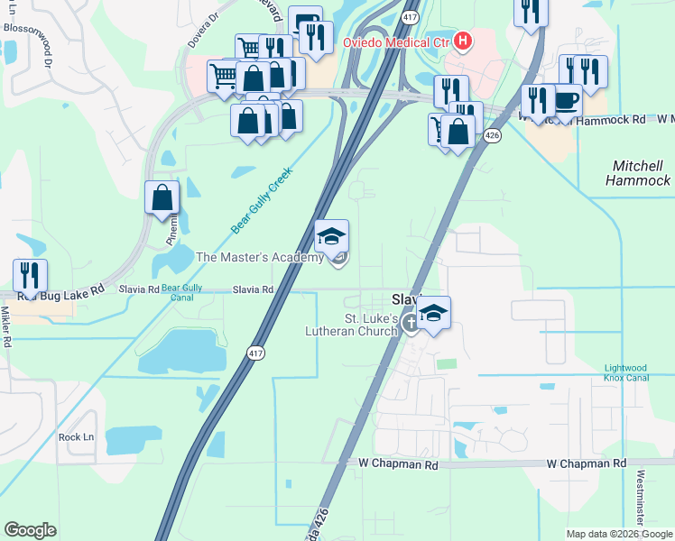 map of restaurants, bars, coffee shops, grocery stores, and more near 1500 Lukas Lane in Oviedo