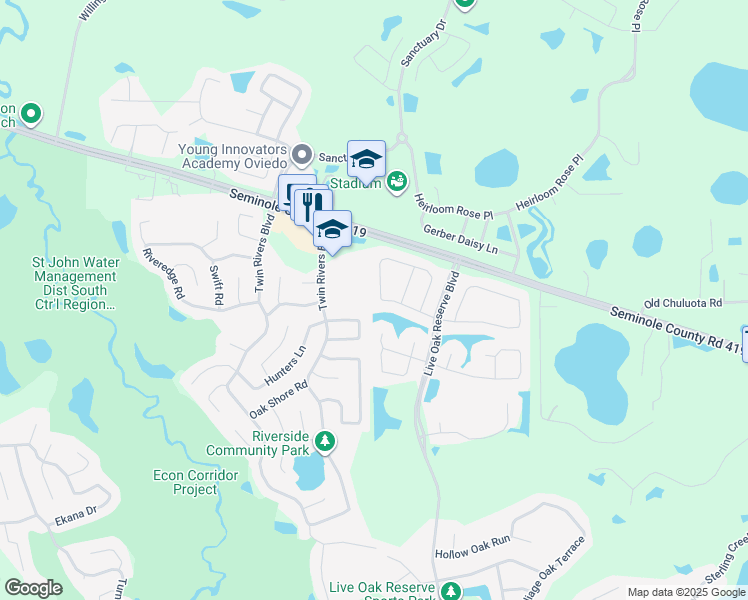 map of restaurants, bars, coffee shops, grocery stores, and more near 3360 Red Ash Circle in Oviedo