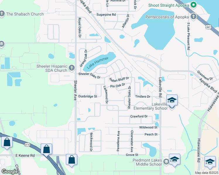 map of restaurants, bars, coffee shops, grocery stores, and more near 1212 Pin Oak Drive in Apopka