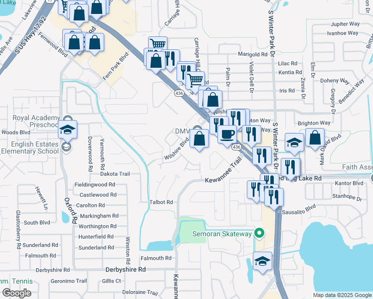 map of restaurants, bars, coffee shops, grocery stores, and more near 1962 Fenwick Way in Casselberry