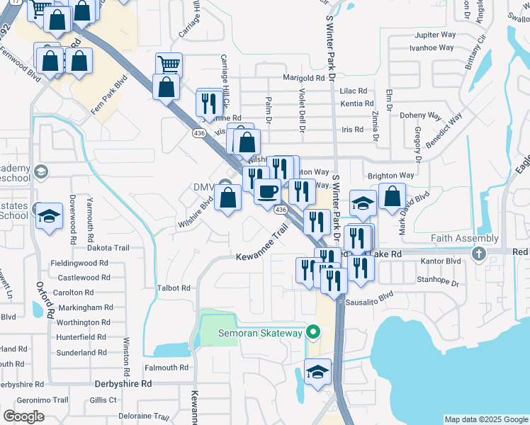 map of restaurants, bars, coffee shops, grocery stores, and more near 2216 Winslow Circle in Casselberry