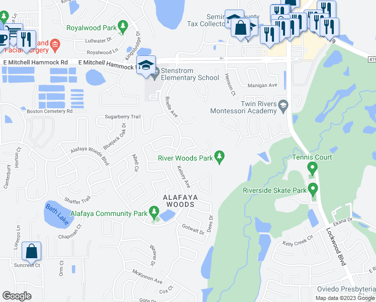 map of restaurants, bars, coffee shops, grocery stores, and more near 1008 Kelsey Avenue in Oviedo
