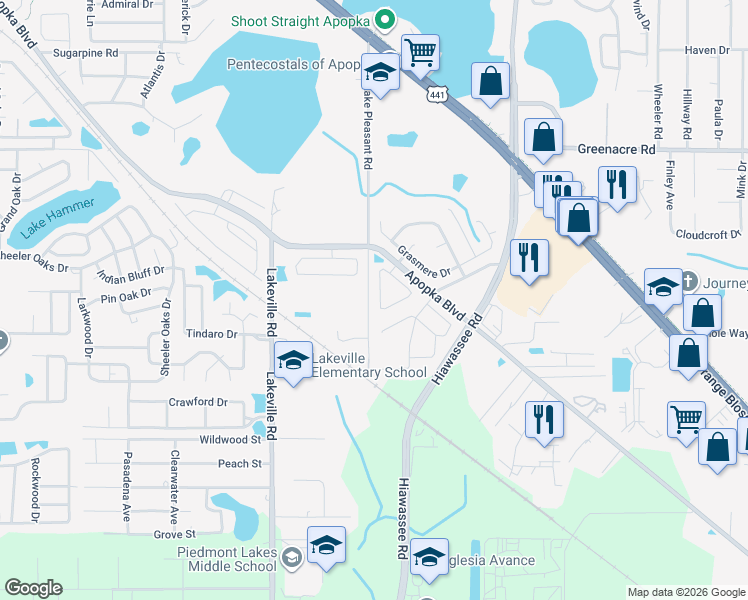map of restaurants, bars, coffee shops, grocery stores, and more near 1872 Olivia Circle in Apopka