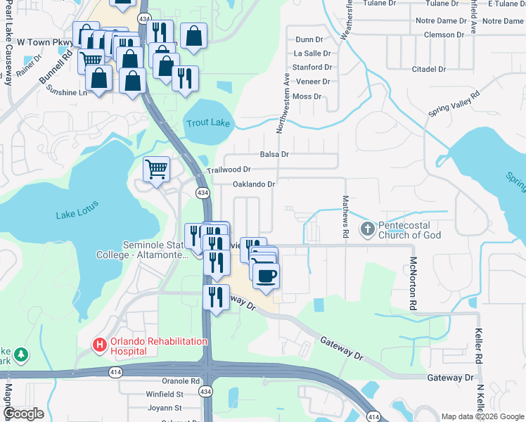 map of restaurants, bars, coffee shops, grocery stores, and more near 657 Caliente Way in Altamonte Springs