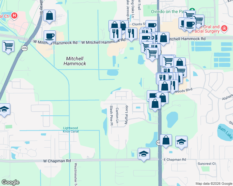map of restaurants, bars, coffee shops, grocery stores, and more near 489 Penny Royal Place in Oviedo