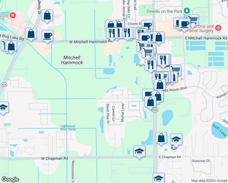 map of restaurants, bars, coffee shops, grocery stores, and more near 481 Penny Royal Place in Oviedo