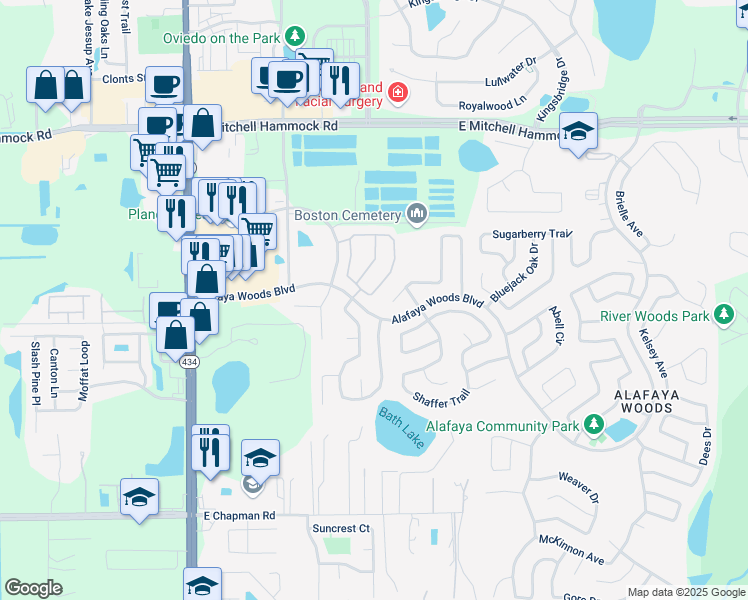 map of restaurants, bars, coffee shops, grocery stores, and more near 1077 Corkwood Drive in Oviedo
