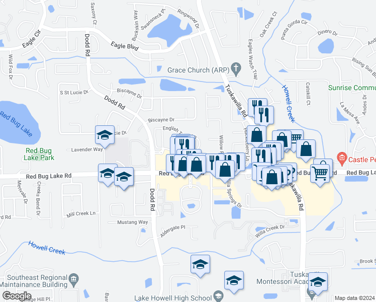 map of restaurants, bars, coffee shops, grocery stores, and more near 5280 Red Bug Lake Road in Winter Springs