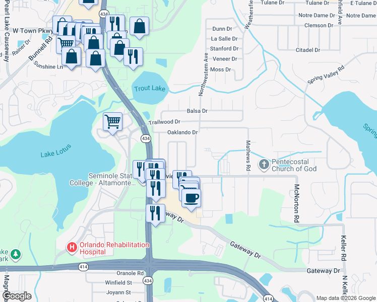 map of restaurants, bars, coffee shops, grocery stores, and more near 657 Caliente Way in Altamonte Springs