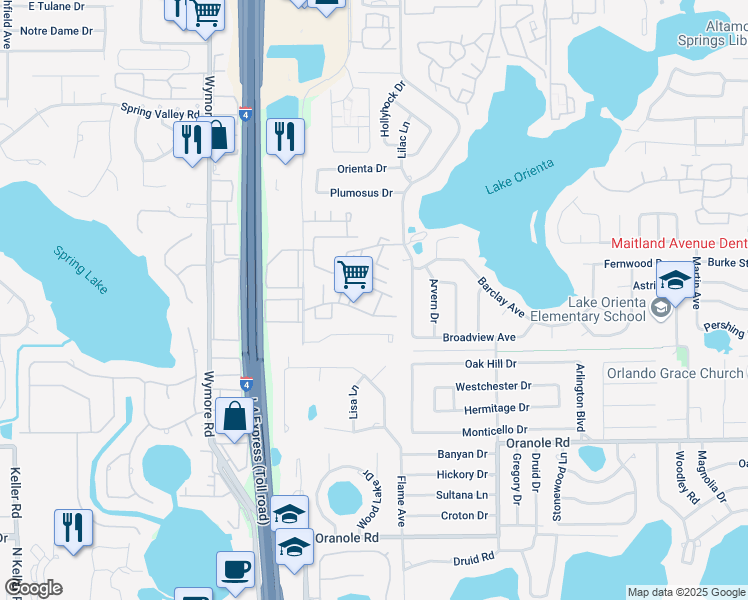 map of restaurants, bars, coffee shops, grocery stores, and more near 304 Cherokee Court in Altamonte Springs
