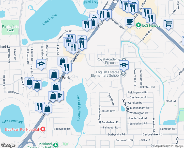 map of restaurants, bars, coffee shops, grocery stores, and more near 126 Carolwood Boulevard in Casselberry