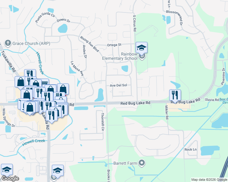 map of restaurants, bars, coffee shops, grocery stores, and more near 1392 Madrid Way in Winter Springs