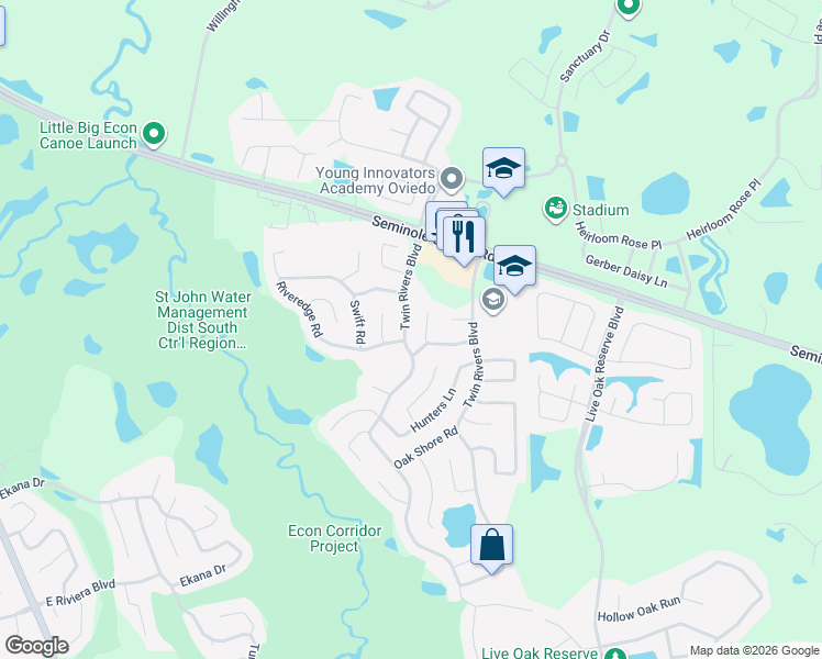 map of restaurants, bars, coffee shops, grocery stores, and more near 1139 Twin Rivers Boulevard in Oviedo